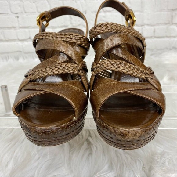 Prada Women's Brown Designer Braided Leather Strappy Luxury Heels IT 37.5 / US 7 - Picture 5 of 17